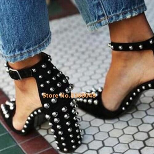 Rivet Square Toe Pumps Black Suede Sexy Pointed Toe Ankle Buckle Shoes Runway Full Rivets Block Heel Handmade High Heeled Shoes