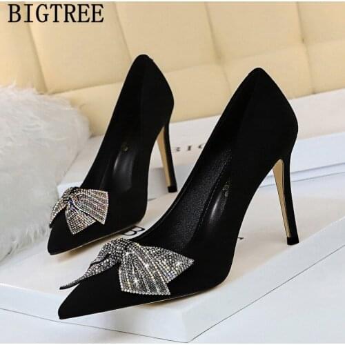 Luxury Brand Shoes Women 2021 Bride Shoes Heels Bowknot Women Pumps Crystal Black High Heels Ladies Shoes Fashion Women Tacones