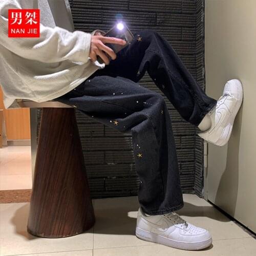 Hiphop fried Street streetwear pants painted dot splash ink star embroidery jeans mens Street straight baggy pants Recommend