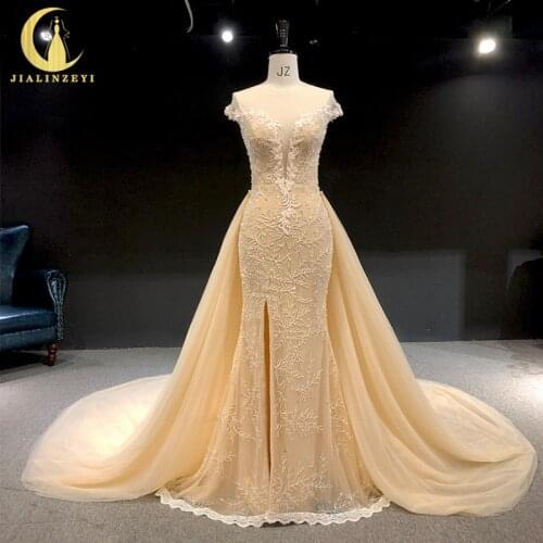 Rhine real Pictures V Neck Champagne Beads Cap Sleeves Sexy Mermaid with train robe de soirée de mariage evening dresses