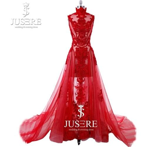 High Neckline Sleeveless Red Velvet Embroidery Lace Pin On Tulle A line Skirt See Through Long Train Celebrity Evening Dresses