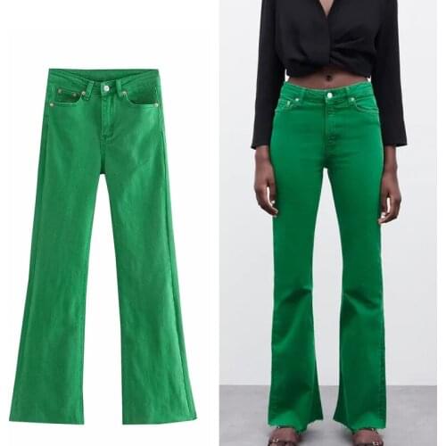 TRAF Za 2021 Flared Jeans Women High Waist Green Pants Woman Korean Fashion Denim Flare Pants Ladies Skinny Summer Womens Pants