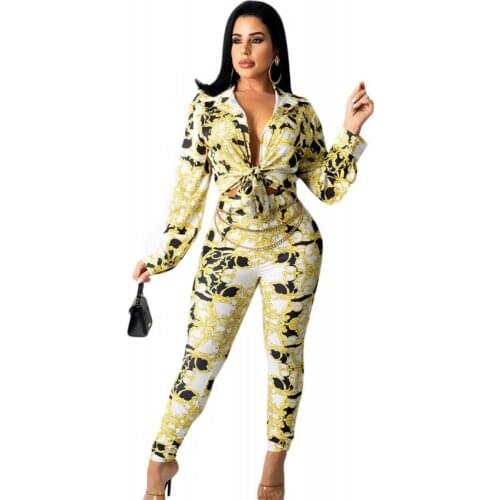 Two Piece Sets Women Outfits Full Sleeve Shirt Long Tops Set Autumn New Fashion Print Elegant High Waist Office Lady Pant Suits