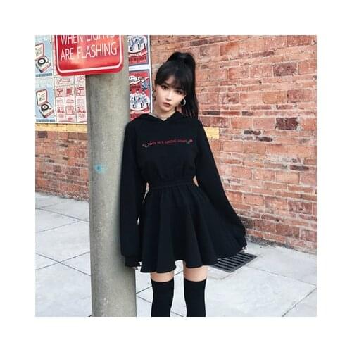 Ruibbit New Autumn Winter Women Gothic Girls Punk Mini dress High quality Long sleeve Hat collar sexy Black dresses Fashion