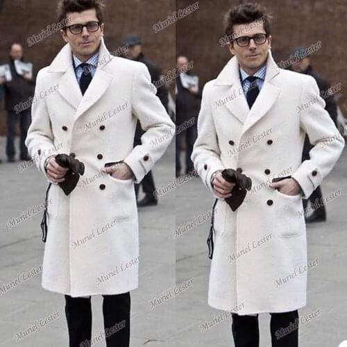 Winter Solid White England Style Woolen Mens Overcoat Double-Breasted Long Coat Casual Warm Jacket Custom Made Blazer 2022