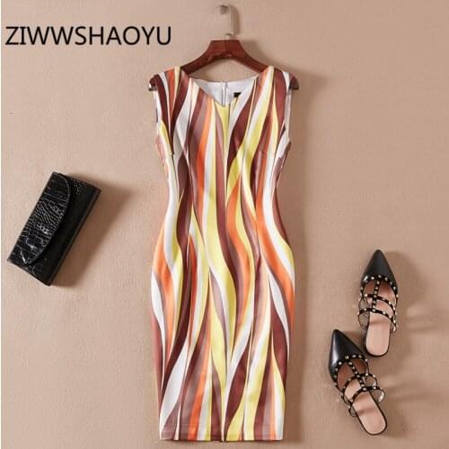 ZIWWSHAOYU Summer Female Multicolor Striped Print Slim Fit Pencil Dress Designer Ladies V-Neck Sleeveless Office Mini Dresses