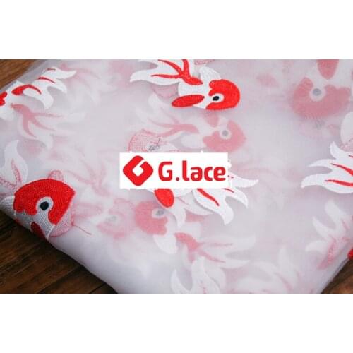 GLace 1Y/Lot organ mesh fabric 3D fish embroidery lace fabric fresh dress material decoration clothing accessoriesTX097