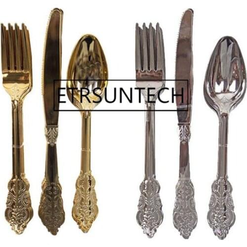 120sets Wedding Disposable Cutlery Plastic Vintage Party Tableware Fancy Fork Knife Spoon Dinnerware for Cake Ice Cream