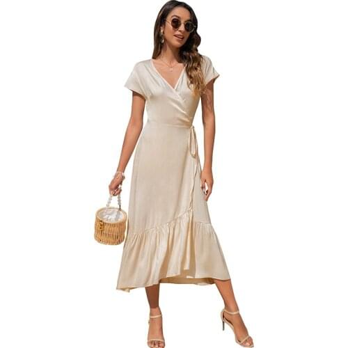 2021 Women Summer New Product V-neck Tie Irregular Simple Slim Short-sleeved Solid Color Dress Eam Dress