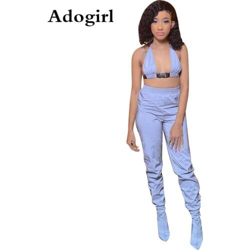 Adogirl Women Sexy Reflective Tracksuit Night Version Halter Color Bra Top+High Waist Pencil Trousers Streetwear 2 Piece Suit
