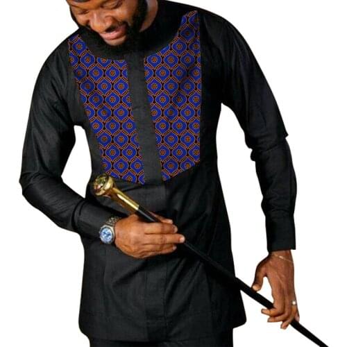 Mens Ankara outfits long sleeve tops for man dashiki African fashion black shirts custom made African groom outfit