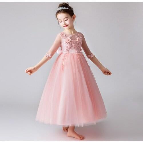 Flower Girls Wedding Ceremony Embroidery Lace Trailing Dress Kids Floral Ball Gown Dresses for Girls Formal Evening Clothing