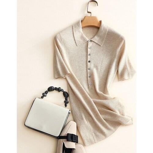 T-shirt Women 100% Cashmere Knitted Turn-down Collar Short Sleeves Button Decoration Solid 4 Colors Basic Top Casual Clothing