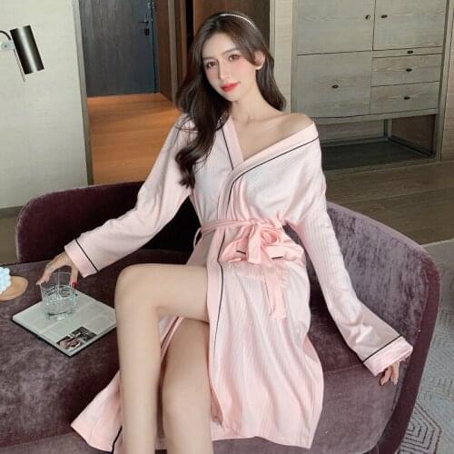 2021 Autumn Long Sleeve Cotton Kimono Robes for Women Korean Bathrobe Sleepwear Nightdress Bath Robe Homewear Night Dress Nighty