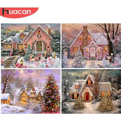 HUACAN DIY Diamond Painting House Landscape Rhinestones Pictures Diamond Embroidery Winter Mosaic Christmas Tree Decor For Home