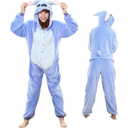 Kigurumi Flannel Long Sleeve Hooded Stitch Pijama Cute Animal Homewear Onesies For Adults