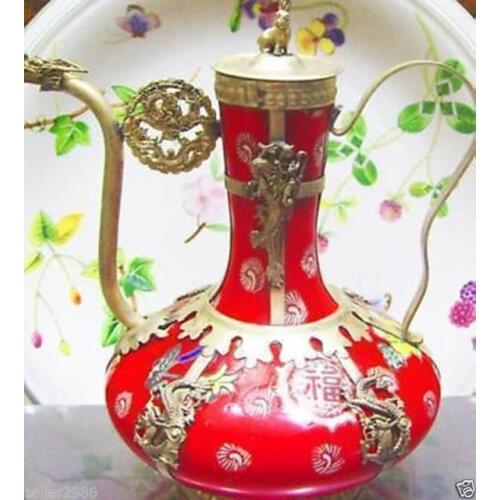 CHINESE red PORCELAIN DRAGON TEAPOT MONKEY Garden Decoration 100% real Tibetan Silver Brass