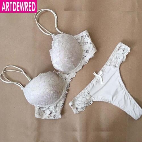 ARTDEWRED New Sexy Lace Embroidery Flowers Plus Size Double Shoulder Strap Bra Set Deep V-neck Womens Push up Underwear Sets