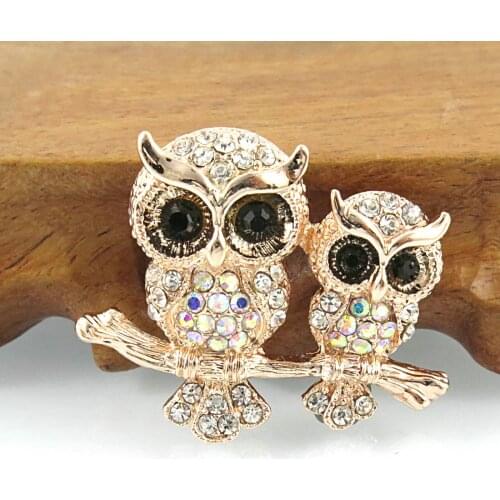 Trendy Animal Brooches Dual Standing Big Owl Animals Crystal Brooches Pins Hat Scarf Broaches Pins Withe Clear Rhinestone gift