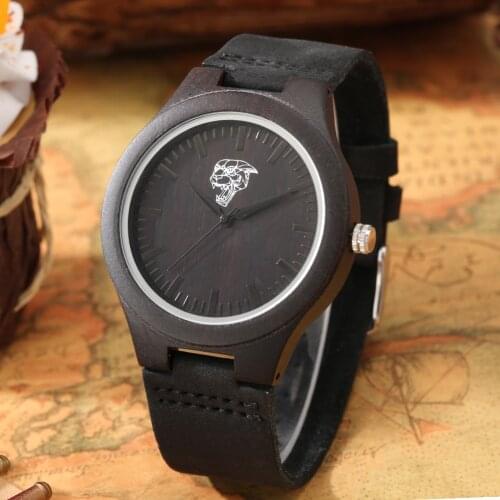 Mens Watch High End Black Wood Wristwatch Minimalist Tiger Head Quartz Dial Practical Leather Band Birthday Gift For Friends