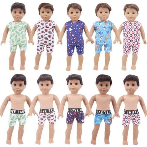 Doll Clothes Printed Short Sleeves & Short For 18 Inch & Bald Head Doll &New Born Baby Generation Birthday Boys Toy Gifts