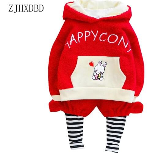 Autumn Winter Baby Plus Velvet Rabbit Hooded Striped Pant Girls Clothes Suit Children Clothing Kid Fleece Baby Suit Girl Clothes
