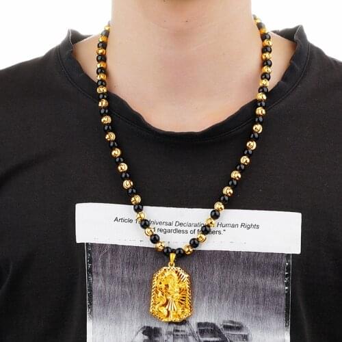 Dragon robe big pendant necklace mens domineering real Dubai 24K gold necklace for women female with black gold beads chain