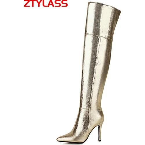 Shiny Women Over The Knee Boots Sexy Thin High Heel Long Boots Female Pointed Toe Autumn Winter Shoes Big Size 33-45