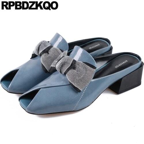 Women sandals 2021 summer mules shoes pumps high heels cute slippers embellished bowtie slides bow fashion block peep toe blue