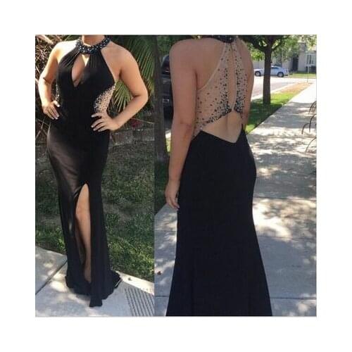 Sexy Stretchy Halter Mermaid Evening Dresses with Slit Long Beaded See Through Back Black Abendkleider Robes de Soirée for Women