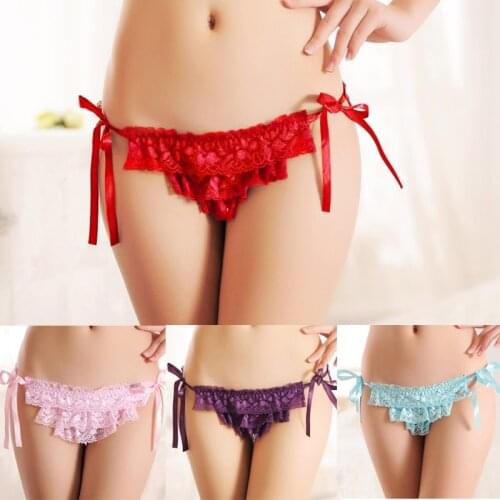 1 Piece/new Lace-up Underwear Female Summer Sexy Transparent Lace Low-waist Hollow Briefs Solid Color Breathable Cotton Bottom