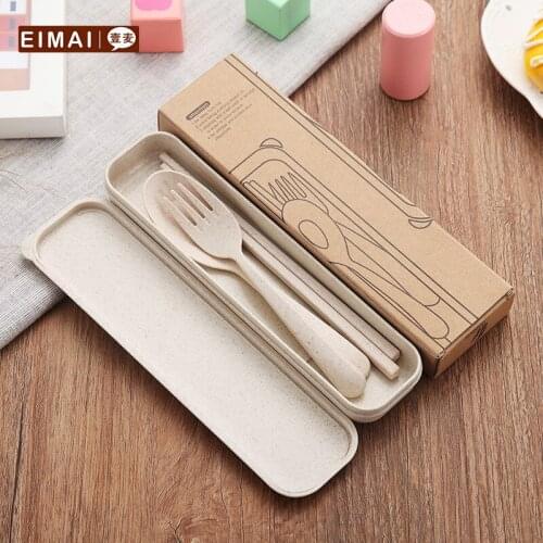 3 In 1 Wheat Straw Environmentally Friendly and Non-toxic Portable Reusable Spoon Fork Chopstick Set with Organizer Box
