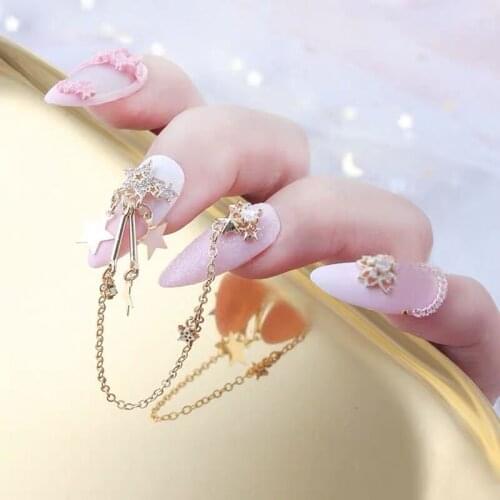 5pcs long Two-finger chain zircon alloy nail art decoration star/shell/starfish/unicorn pendant nail accessories nail art tassel