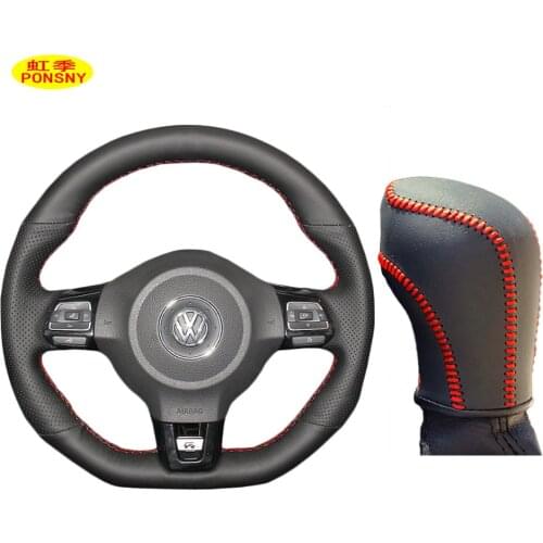 PONSNY Car Gear/Steering Wheel Genuine Leather Covers Case for Volkswagen VW Golf GTI Scirocco Sagitar 2009-2013 Hand-stitched
