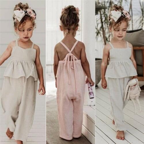 Kids Overalls for Girl Solid Sleeveless Ruffle High Waist Romper Jumpsuit Wide Leg Pants Backless Bandage Summer Outfits 1-6T