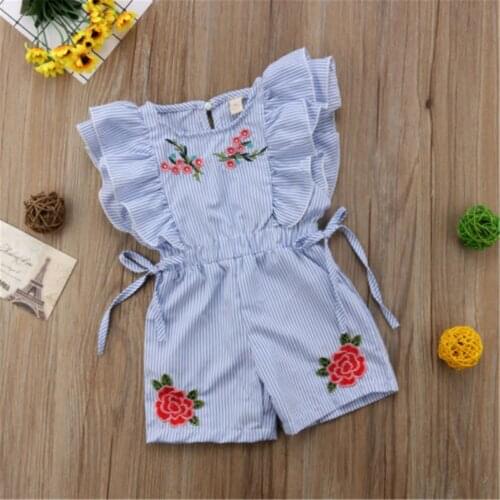 Summer Kids Toddler Baby Girl Cute Floral Striped Ruffle Romper Embroidery Lace-Up Jumpsuit For 6 Months to 5 Years