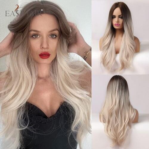 EASIHAIR Long Wavy Ombre Brown Light Platinum Blonde Synthetic Hair Wigs for White Women Middle Part Natural Heat Resistant