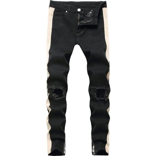 Mens Jean Skinny New Men Jean With Holes Knee Slim Side Zipper Jeans Jeans For Men Small Feet Pant Men Side Stripes Hip Hop Jean