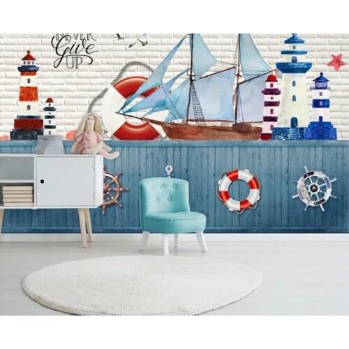 Mediterranean style sailing lighthouse lifebuoy rudder childrens room background wall decoration wallpaper murals