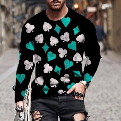 European and American mens long-sleeved 3d printing game card round neck short-sleeved street trend T-shirt