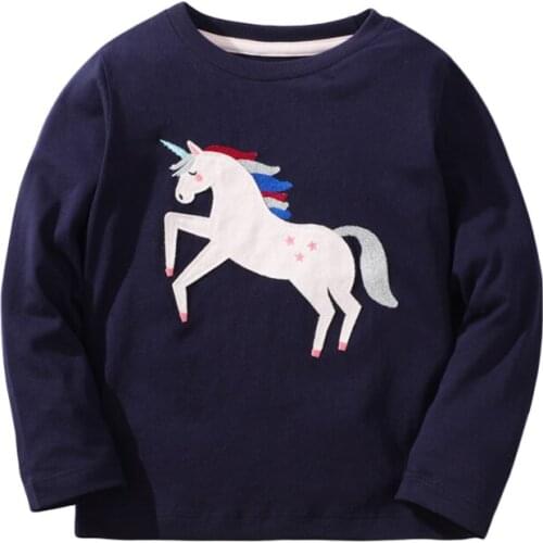 Jumping Meters Girls T-shirt Autumn Cartoon Cute Unicorn Pattern Casual Crew Neck for Long Sleeve Top Black Clothes 2-7years