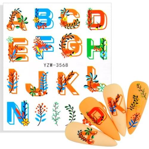Colorful Flower ABC Letter Decals Nail Art Stickers English Old Font Black Number Tattoo Nail Design Water Sliders Manicure Wrap