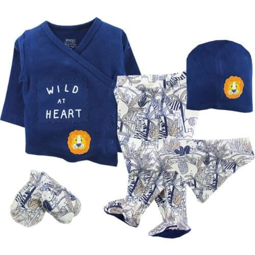 Lion Figures Safari 5 Piece Shirt Pants Gloves Hat Bib Navy Blue Newborn Baby Boy Gift Set
