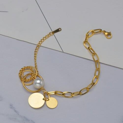 Fashion Round Brand Pearl Bracelet Steel Gold Color Hand Decoration Engrave Name Date Bangles For Woman Girls Basic Jewelry Gift