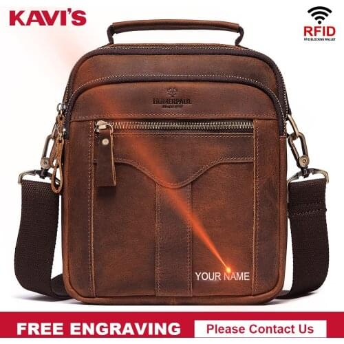 KAVIS Free Engraving Mens Handbag Shoulder Bag Vintage Cowhide Leather Retro Messenger Bag Stylish Casual Male Crossbody Bags