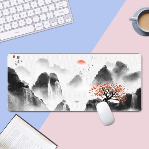 2021 New Ink Painting Mouse Pad Black and White Gray Three-color Office Computer Non-slip Mouse Pad Extra Long Table Mat