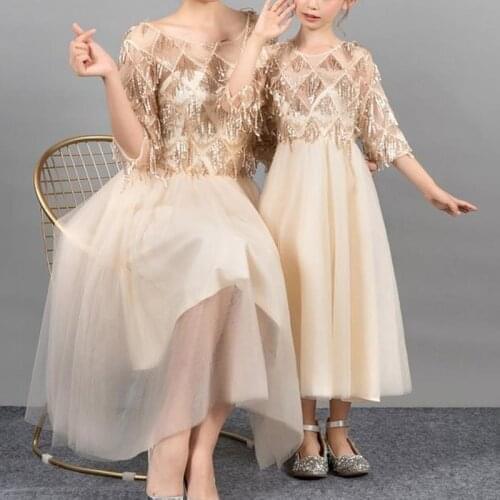 2021 Summer Family New Princess Catwalk Show Evening Dresses Mother and Daughter Dress Girl Long Sleeves Tassel Prom Vestido