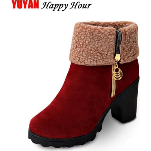 New 2020 Winter High Heel Boots Warm Plush Square Heels Winter Shoes Womens Boots Ladies Fashion Brand Ankle Snow Boots A056