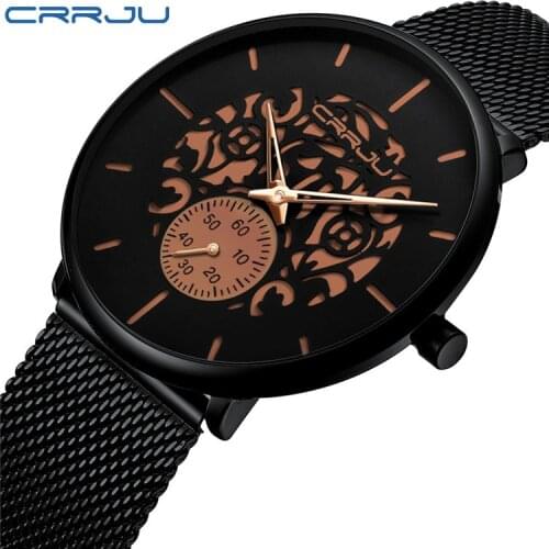 New CRRJU 2150 Fashion Mesh Steel belt Mens Watches Luxury Dress Quartz Watches engraved dial design Relogio Masculino