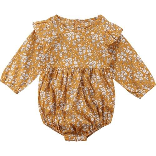 Toddler Baby Kid Girls Long Sleeve Yellow Floral Bodysuit Babies Girl Jumpsuit Casual Outfits Clothes 0-3Y Clothing